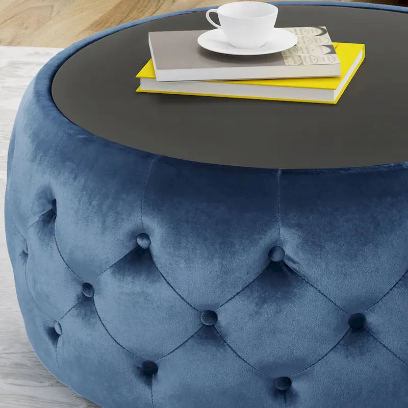 Velvet Ottoman Coffee Table with Tempered Glass Top