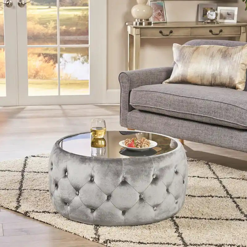 Velvet Ottoman Coffee Table with Tempered Glass Top