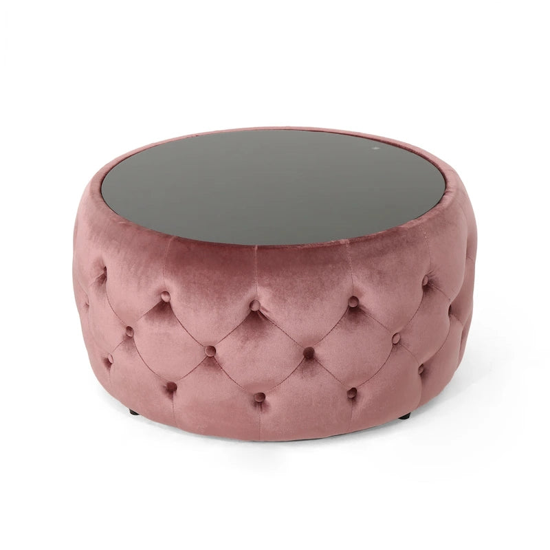 Velvet Ottoman Coffee Table with Tempered Glass Top