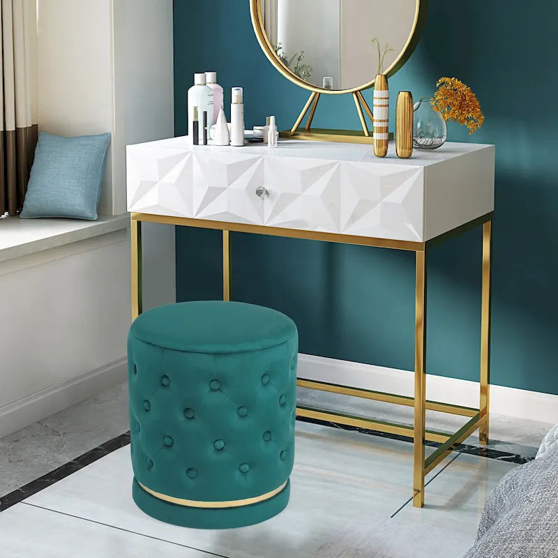 Button Tufted Velvet Round Ottoman with Metal Base
