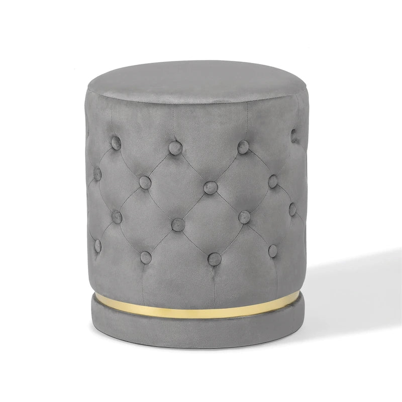 Button Tufted Velvet Round Ottoman with Metal Base