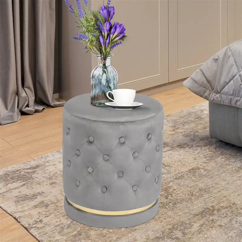 Button Tufted Velvet Round Ottoman with Metal Base