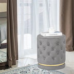 Button Tufted Velvet Round Ottoman with Metal Base