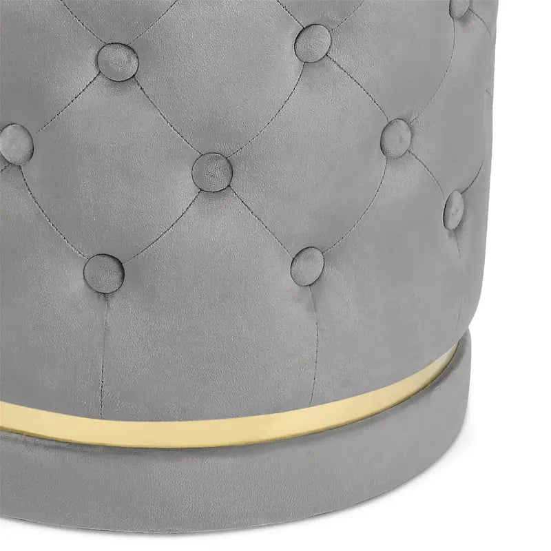 Button Tufted Velvet Round Ottoman with Metal Base