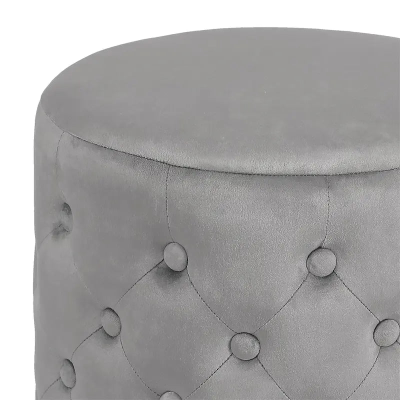 Button Tufted Velvet Round Ottoman with Metal Base