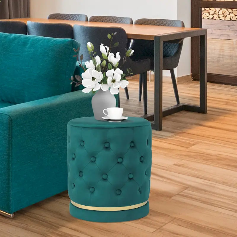 Button Tufted Velvet Round Ottoman with Metal Base