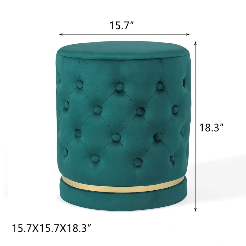 Button Tufted Velvet Round Ottoman with Metal Base