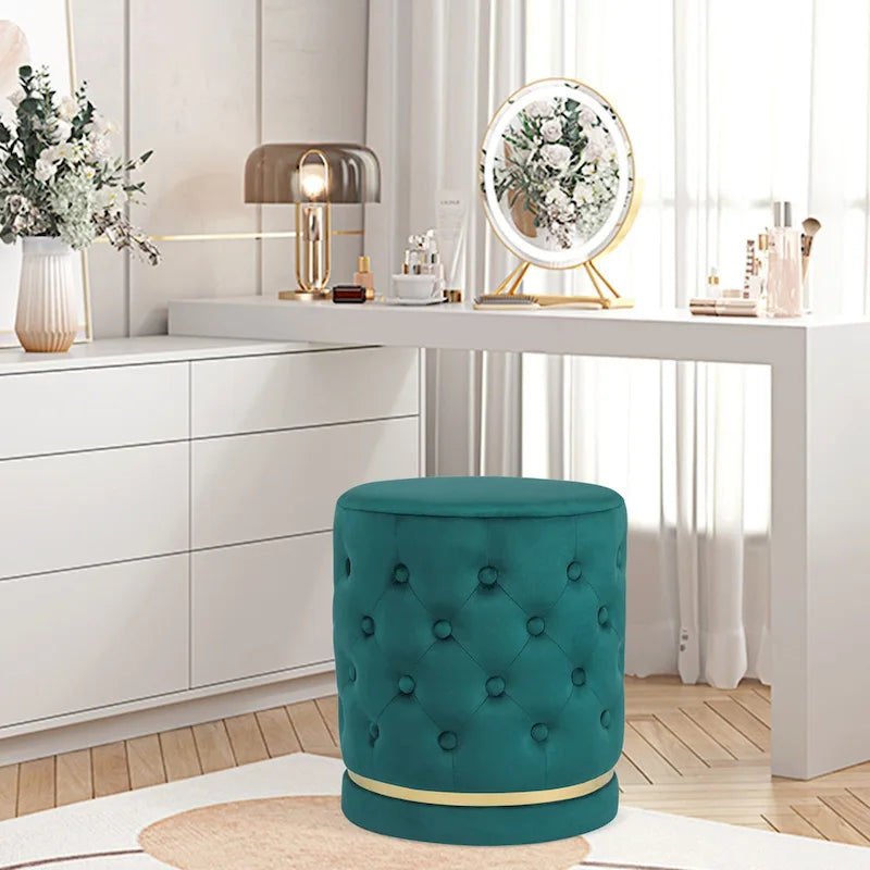 Button Tufted Velvet Round Ottoman with Metal Base