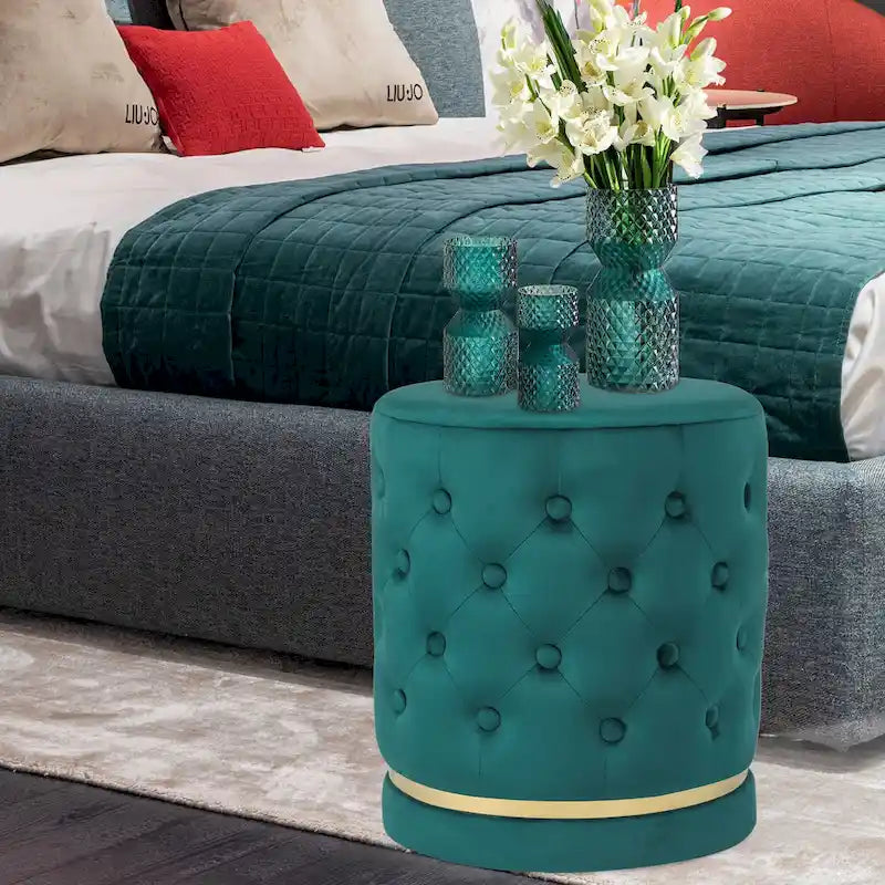 Button Tufted Velvet Round Ottoman with Metal Base