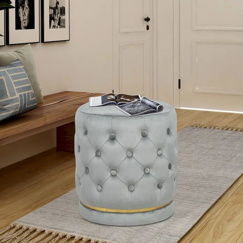 Button Tufted Velvet Round Ottoman with Metal Base