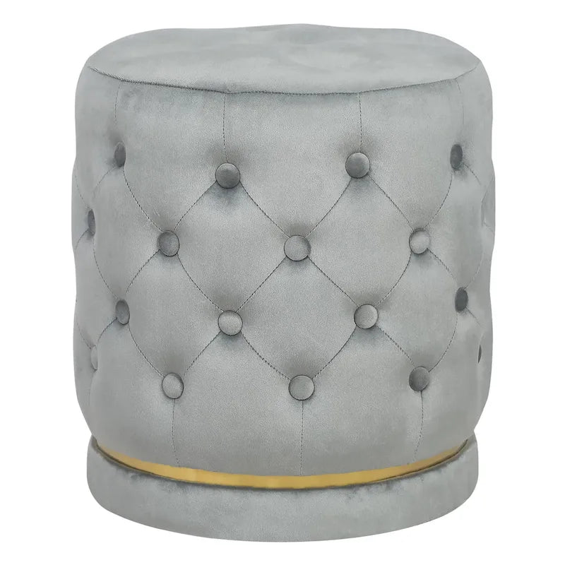 Button Tufted Velvet Round Ottoman with Metal Base