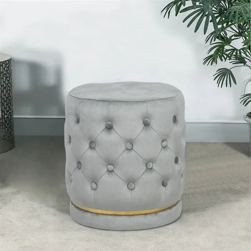 Button Tufted Velvet Round Ottoman with Metal Base