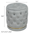 Button Tufted Velvet Round Ottoman with Metal Base
