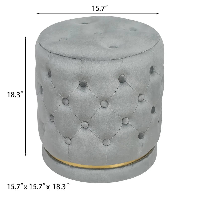 Button Tufted Velvet Round Ottoman with Metal Base