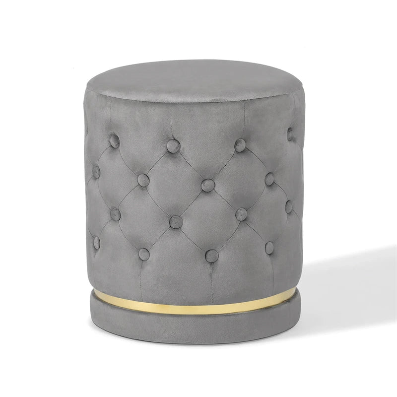 Button Tufted Velvet Round Ottoman with Metal Base