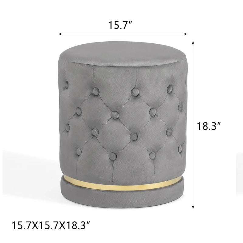 Button Tufted Velvet Round Ottoman with Metal Base