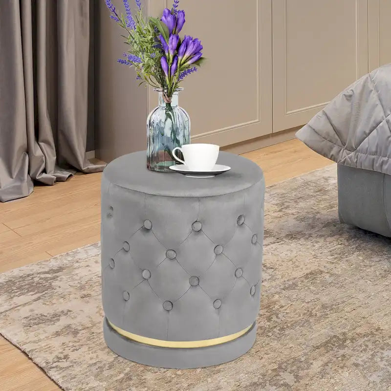 Button Tufted Velvet Round Ottoman with Metal Base