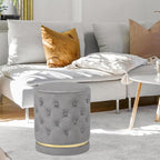 Button Tufted Velvet Round Ottoman with Metal Base