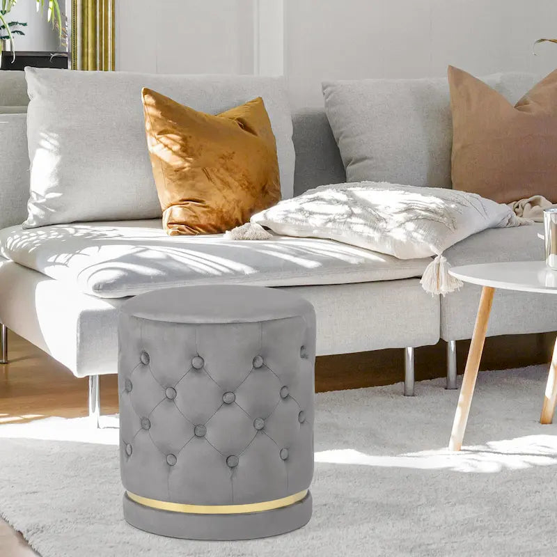 Button Tufted Velvet Round Ottoman with Metal Base