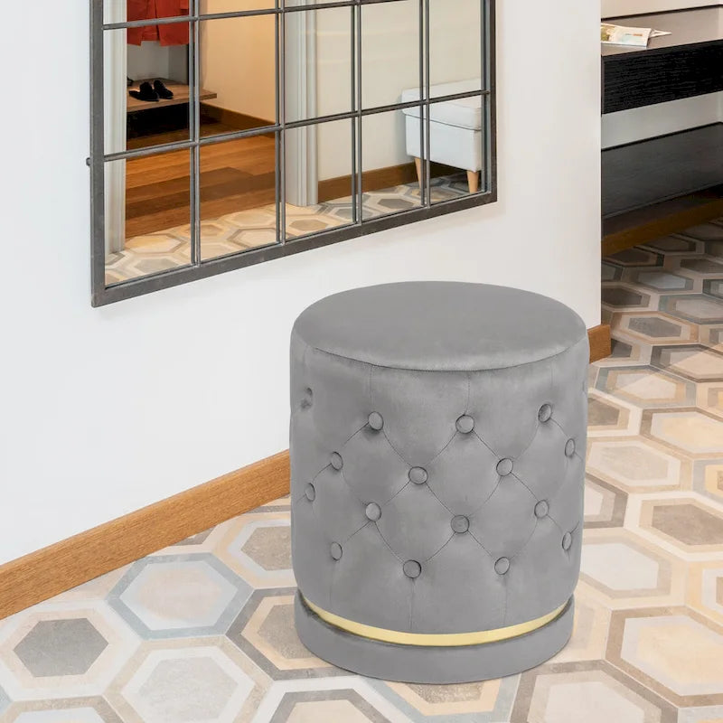 Button Tufted Velvet Round Ottoman with Metal Base