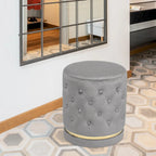 Button Tufted Velvet Round Ottoman with Metal Base