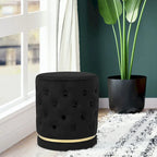 Button Tufted Velvet Round Ottoman with Metal Base