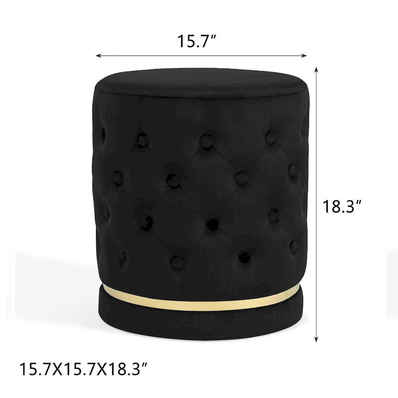 Button Tufted Velvet Round Ottoman with Metal Base