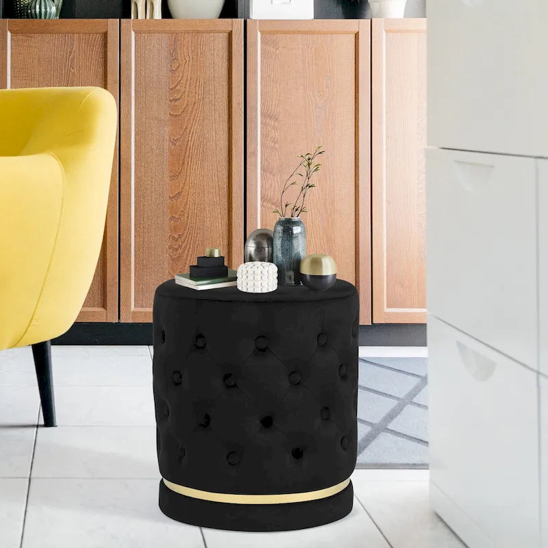 Button Tufted Velvet Round Ottoman with Metal Base