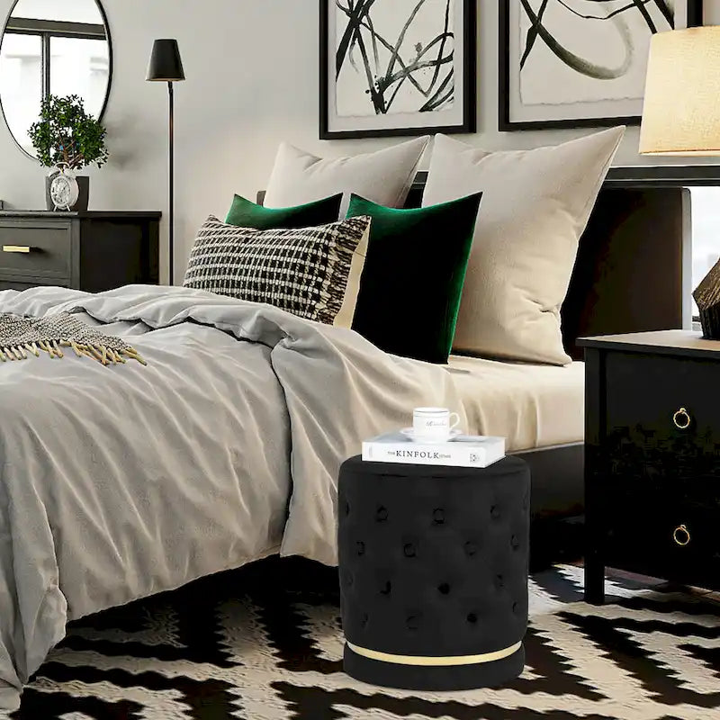 Button Tufted Velvet Round Ottoman with Metal Base