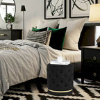 Button Tufted Velvet Round Ottoman with Metal Base
