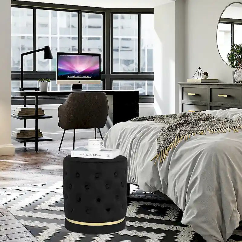 Button Tufted Velvet Round Ottoman with Metal Base