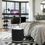 Button Tufted Velvet Round Ottoman with Metal Base