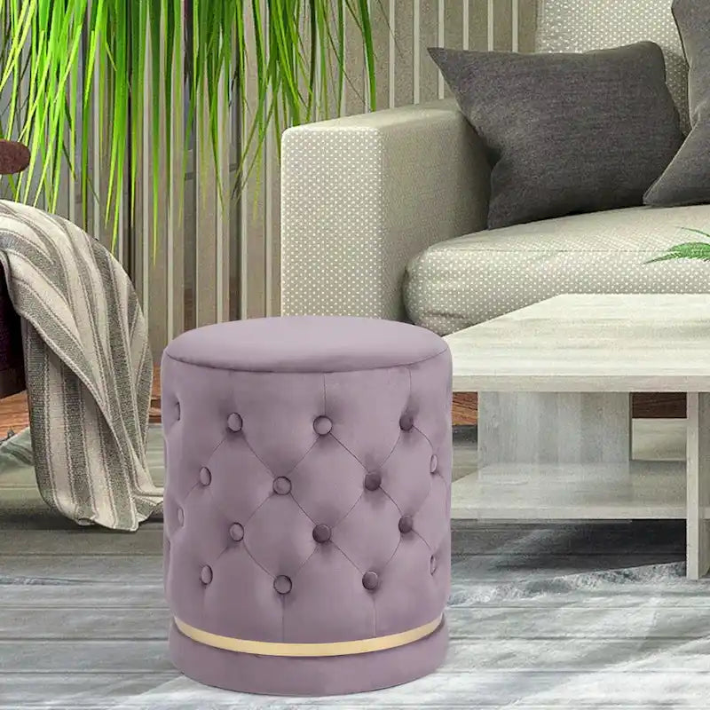 Button Tufted Velvet Round Ottoman with Metal Base