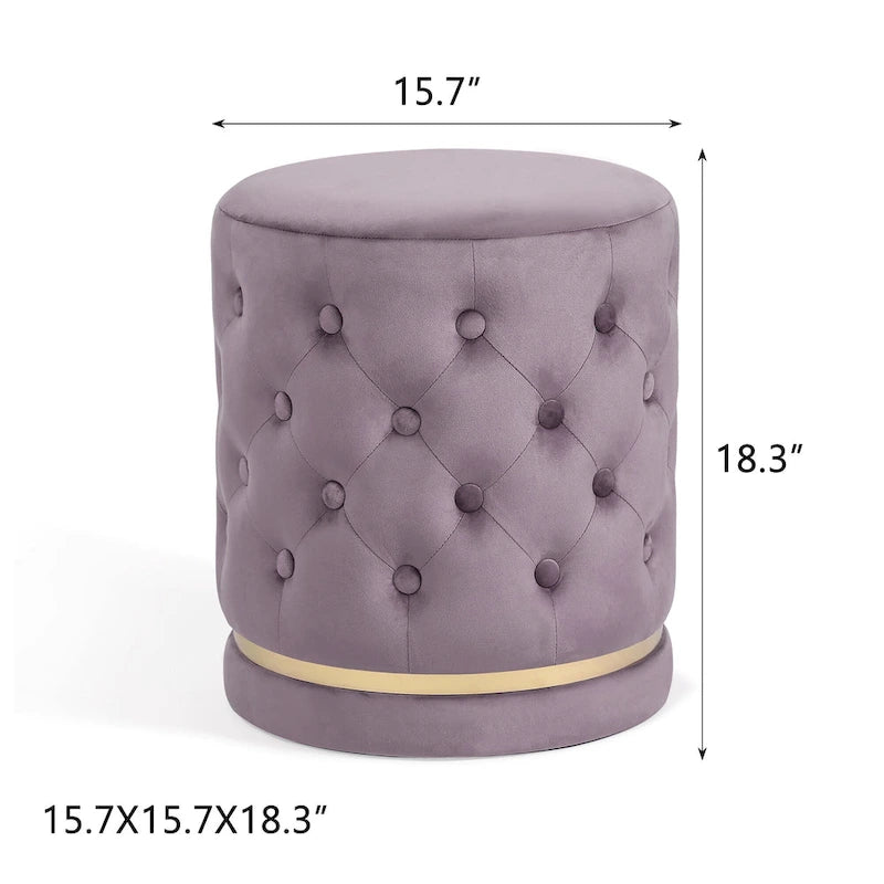 Button Tufted Velvet Round Ottoman with Metal Base