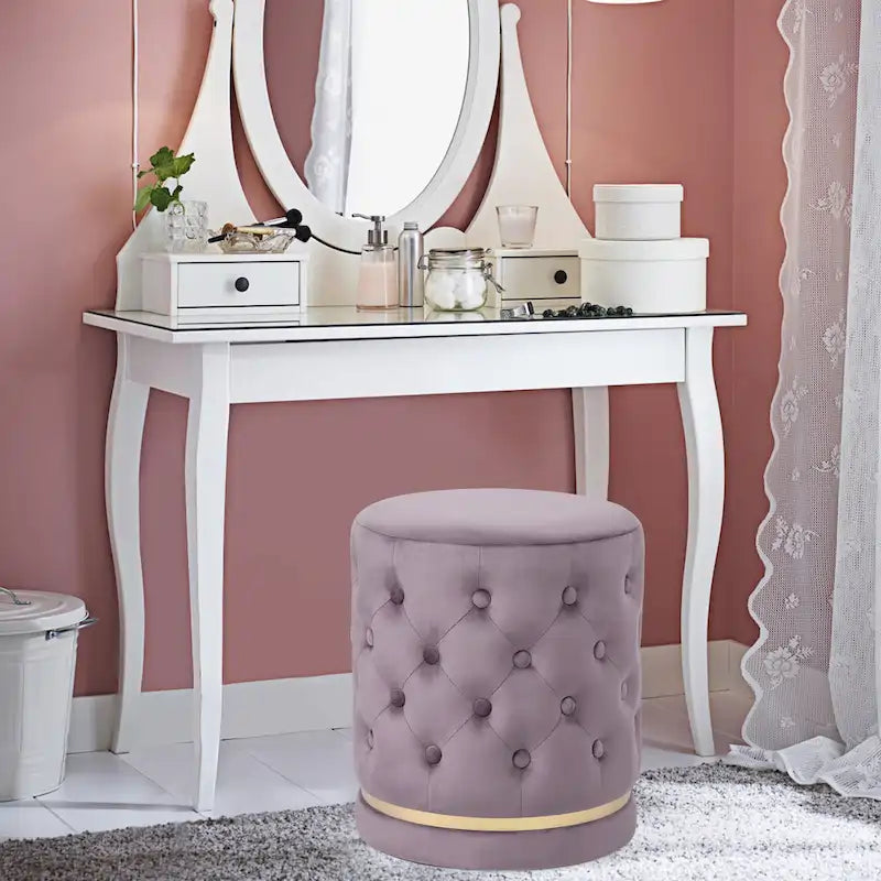 Button Tufted Velvet Round Ottoman with Metal Base