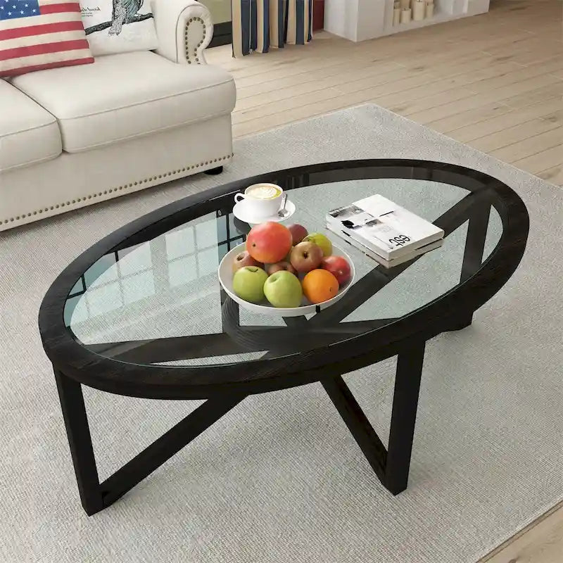 Glass Top Coffee Table with Wooden Base