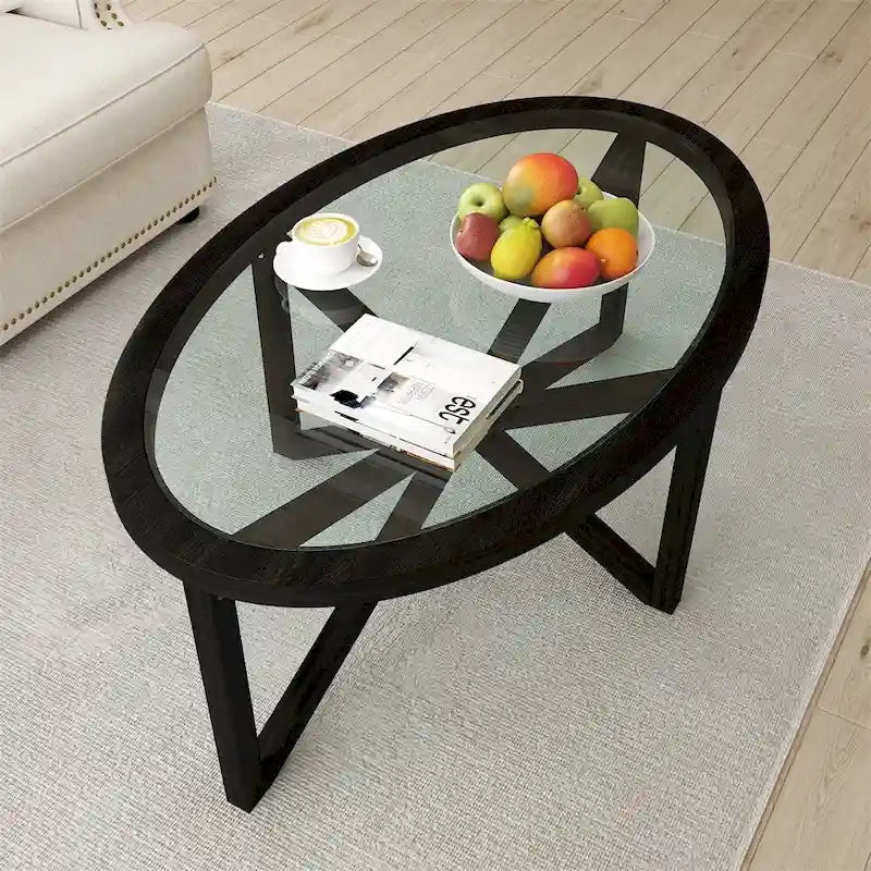 Glass Top Coffee Table with Wooden Base