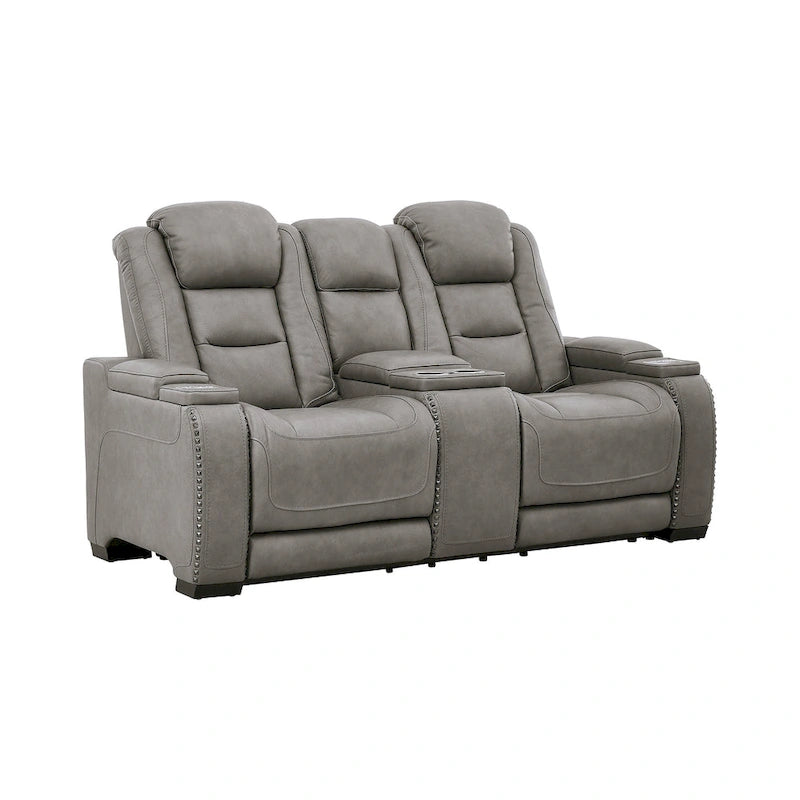 Grey Leather Power Reclining Loveseat with Adjustable Headrest and Lumbar Support