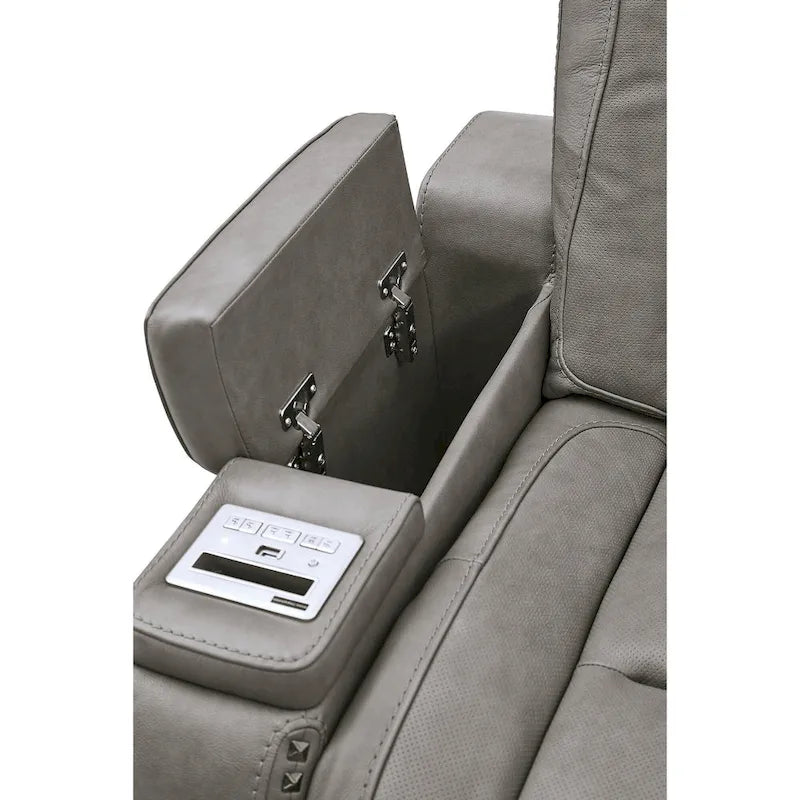 Grey Leather Power Reclining Loveseat with Adjustable Headrest and Lumbar Support