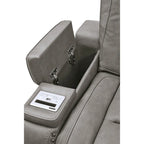 Grey Leather Power Reclining Loveseat with Adjustable Headrest and Lumbar Support