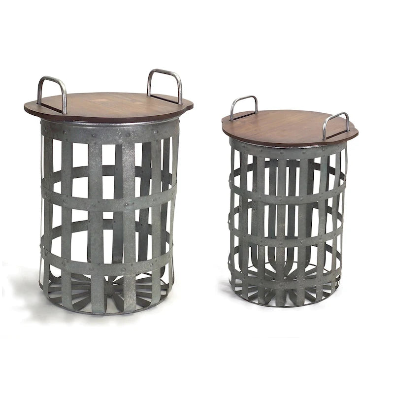 Side Basket Tables with Metal Base and Wood Lid, Set of 2