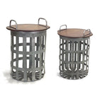 Side Basket Tables with Metal Base and Wood Lid, Set of 2
