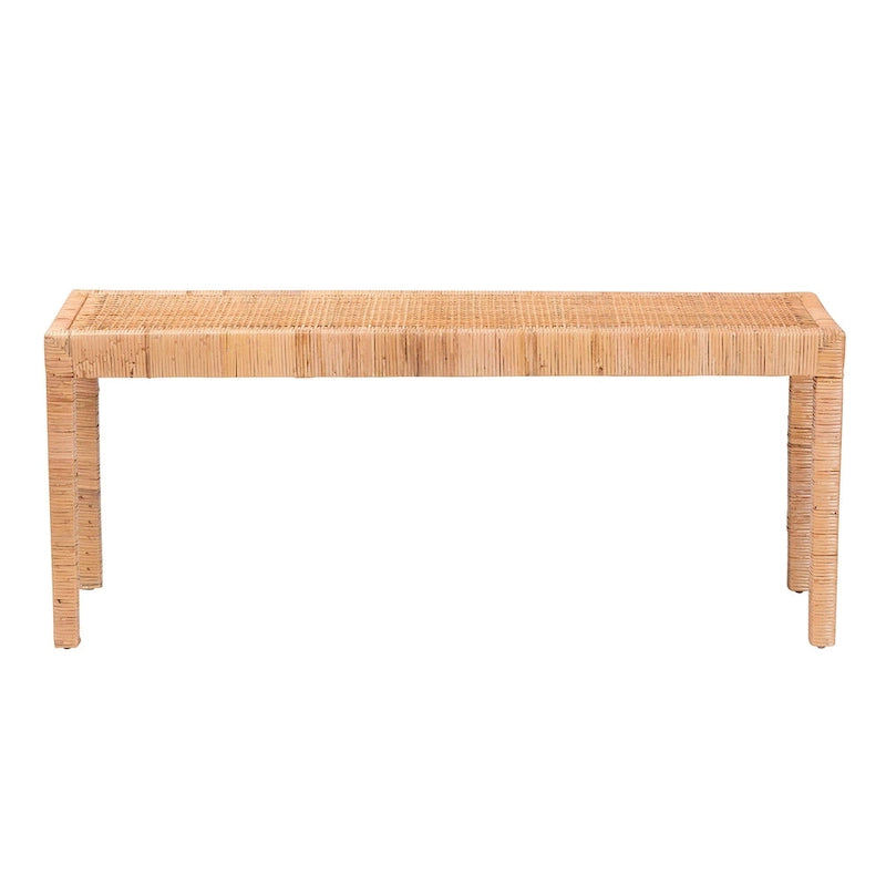 Bohemian Natural Rattan and Mahogany Wood Accent Bench