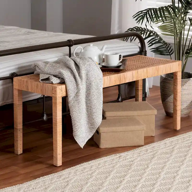 Bohemian Natural Rattan and Mahogany Wood Accent Bench