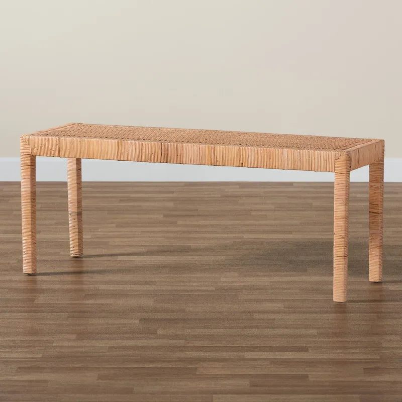 Bohemian Natural Rattan and Mahogany Wood Accent Bench