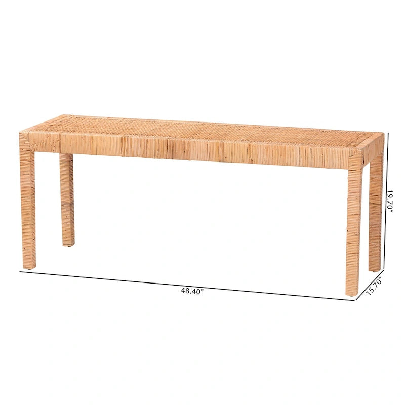 Bohemian Natural Rattan and Mahogany Wood Accent Bench