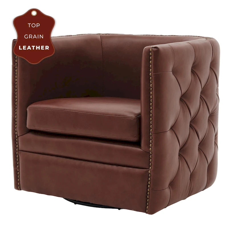 Top Grain Leather Swivel Tufted Chair