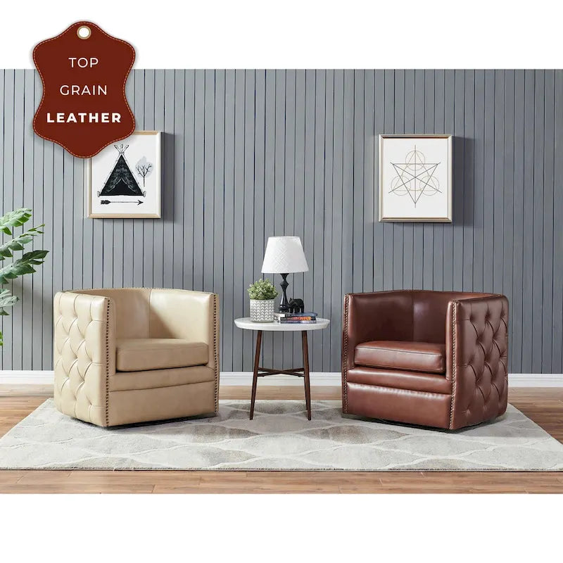 Top Grain Leather Swivel Tufted Chair