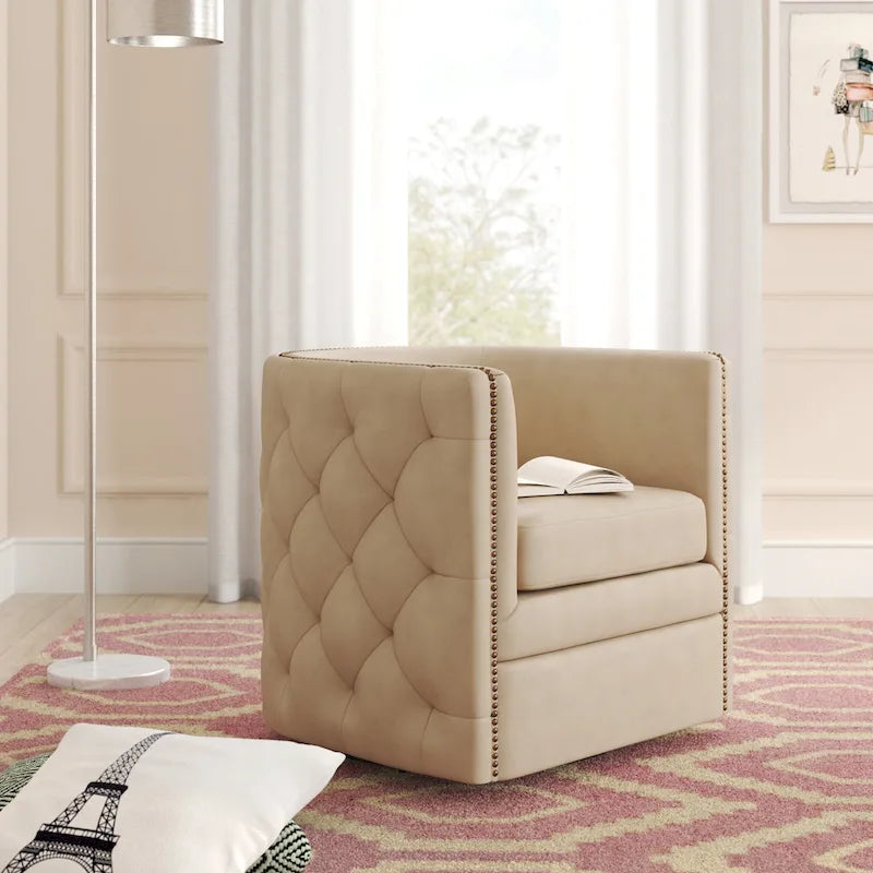 Top Grain Leather Swivel Tufted Chair