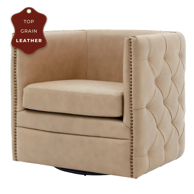 Top Grain Leather Swivel Tufted Chair